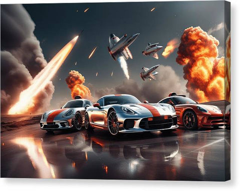 three sports cars with rockets flying over them canvas print