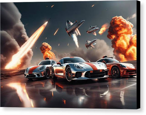 A Burst of Speed: The Power of Sports Cars and Rockets - Canvas Print
