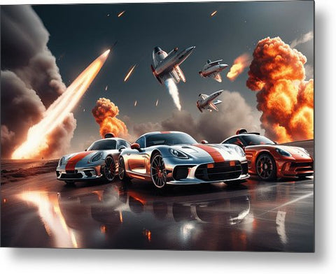 four sports cars in front of a spaceship metal print