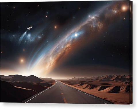 a road in the desert with a comet and stars in the sky