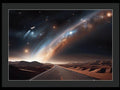 a picture taken from a distance of a road with a distant galaxy in the background