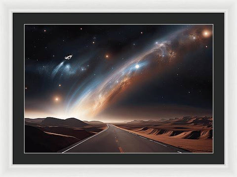 Journey to the Stars: A Desolate Road Illuminated by Celestial Wonders - Framed Print