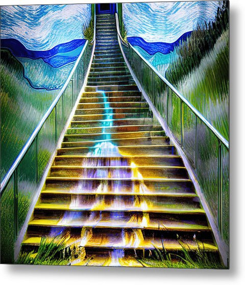 A painting on a stairway with stairs in between it