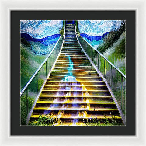 Night Staircase By The Falls - Framed Print