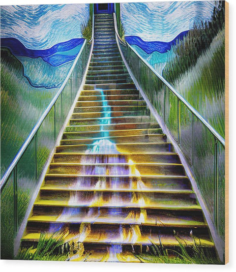 a staircase leading to a stairway with painting of a waterfall