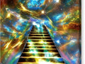 A person is on a stairway going up into the sky