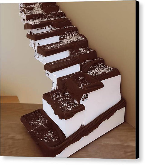A cake on a shelf with several cakes stacked on top of it