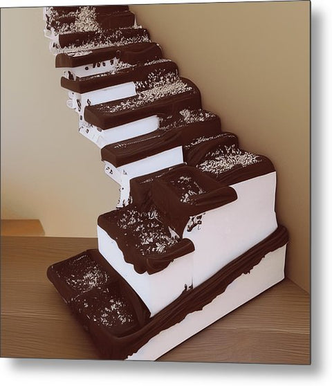Three tiers of a black and white cake hanging from a wall
