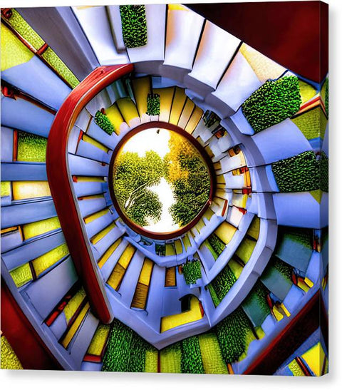 A spiral staircase with a big window tree and grass