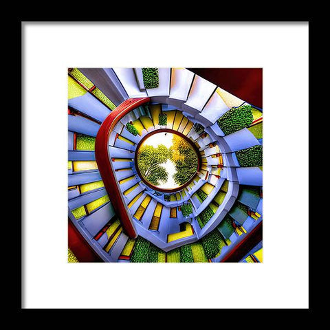 A stained glass framed picture of the inside of a bedroom with a spiral stairway