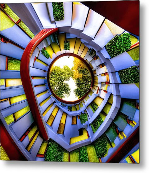 there is a spiral stairway on a house with windows opening to a beautiful view of