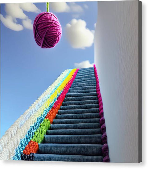 A colorful crocheted rope ladder hangs from a staircase that has one end up under