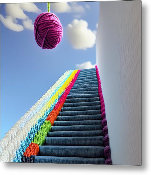 A wooden staircase led down a wall topped with a ladder with a knitted ball ball