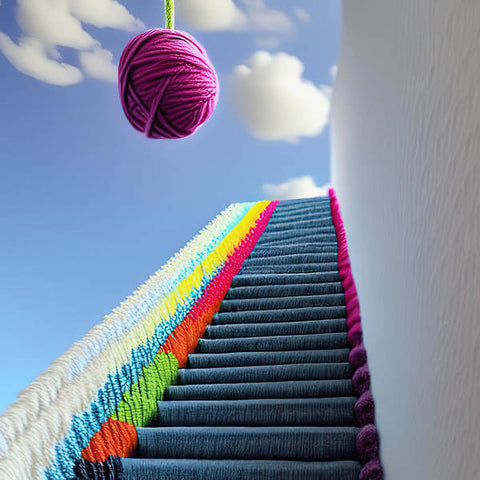 a wooden stairway with colored yarn on it