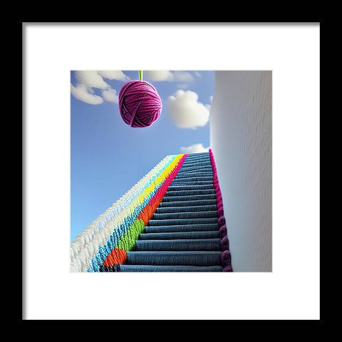 A colorful art print hanging on the wall beside a staircase leading up to a staircase