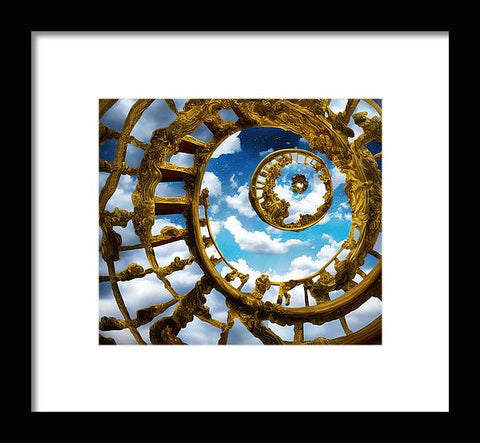 An art print with several spirals framed on a large picture window of a staircase