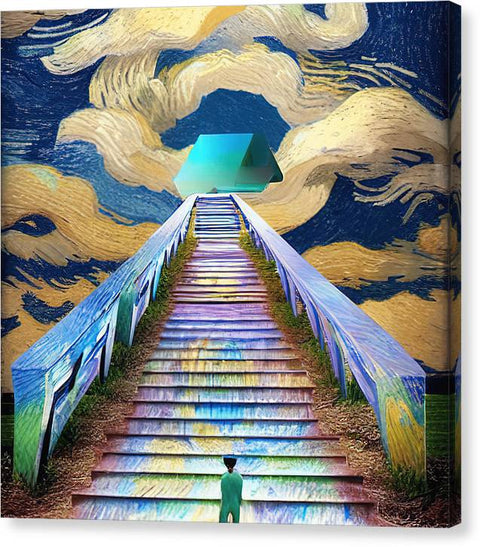 An art print mural is painted on a stair case on a building that has staircases