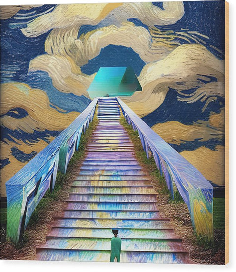 A stair case leading to a side door leading to the stairway under the green sky
