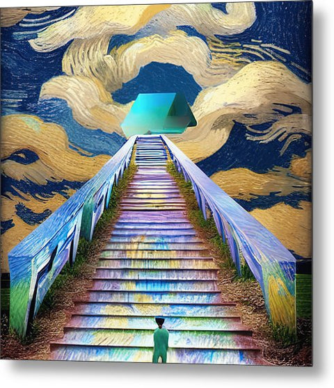 A man climbing down steps of a stairway looking at an art print thats on