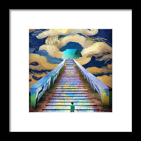 An art print of a stairway that has an arched path up the side of