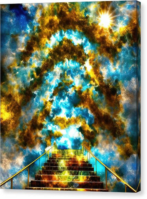 A stairway with stairs pointing up to a room filled with dark clouds