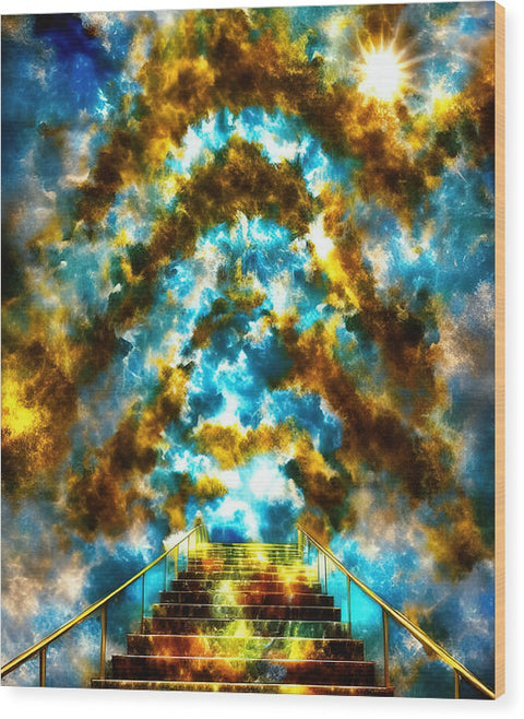 an image of a mural on a stair case with clouds in the background