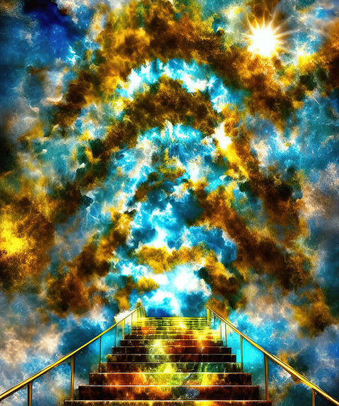 A person walking into an enclosed stairway as he climbs into the sky