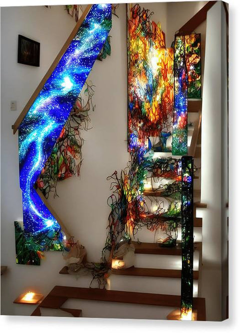 A staircase covered in art and paintings of stairs and a window