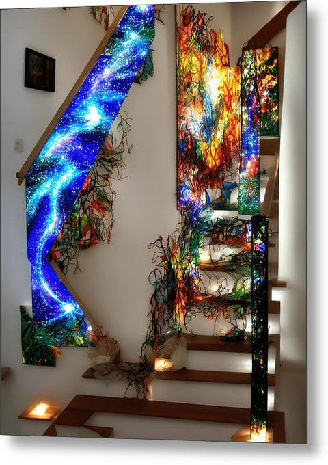 A staircase and a stairway decorated with a picture of rainbows and butterflies