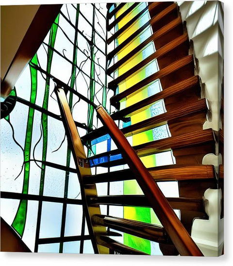 A step railing with stained glass in a house on a stairwell