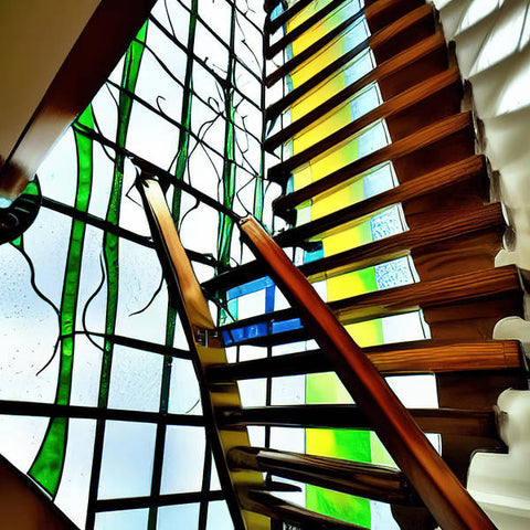 A glass and stained glass staircase with an island window and windows