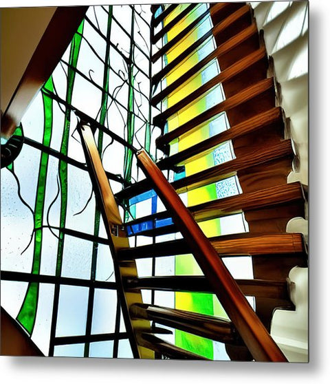 A beautiful stained glass staircase is pictured to the side of a room