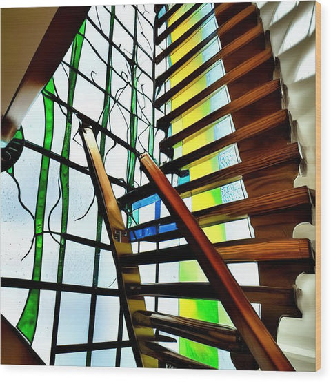 A stained glass staircase is framed in solid white on a wall