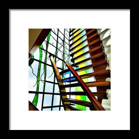 A stairway has a view of a home with stained glass windows