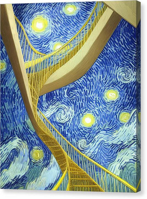 A spiral stair and a blue and yellow ribbon strung together is shown with a picture