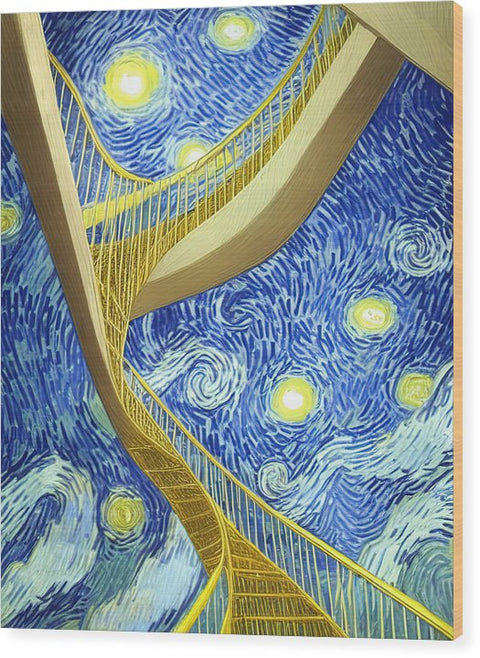 There is a picture of a spiral stairway with blue and yellow colors on top of