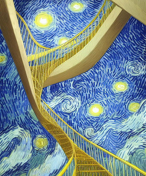 A painting of a spiral staircase at night next to a gate