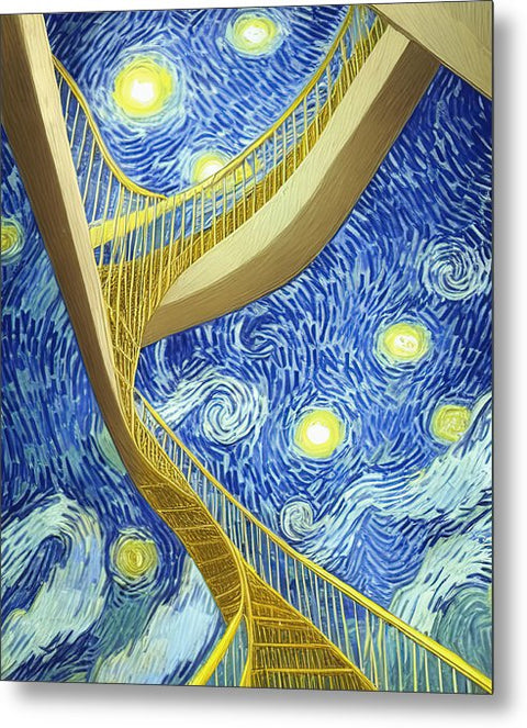 Art print on a spiral staircase with other colors of gold and blue hanging on a wall