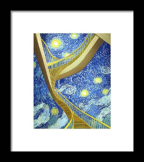 A rainbow blue and yellow art print on a wooden stairway