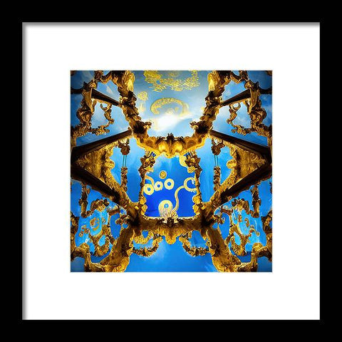 An art print hanging on a wall with a blue background and gold and black frame