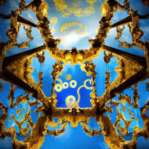 A blue and gold picture of an ornate ceiling that has a large chandelier