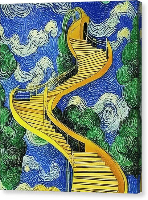 A spiral stairway with a painting of stairs and some trees below
