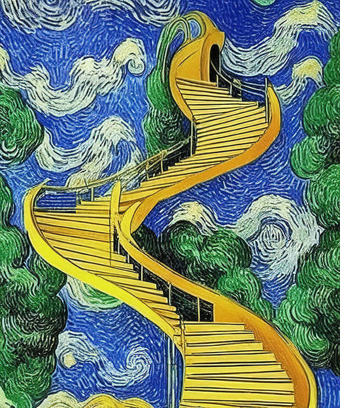 A staircase with a painting of a spiral stairway