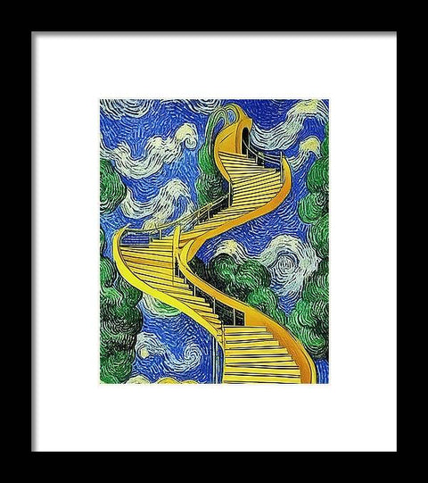 A narrow stairway with stairs that have art on top with a blue background