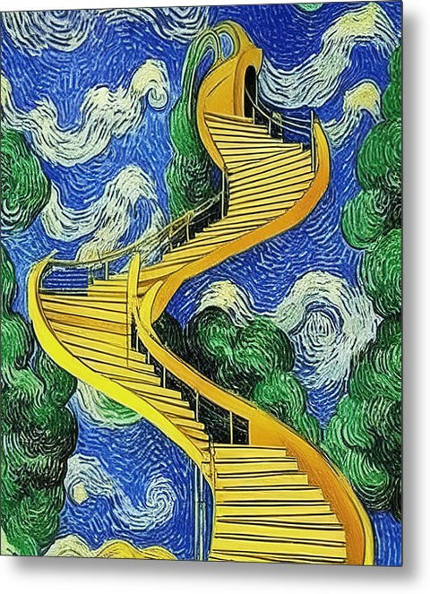 A spiral stairway on a very beautiful staircase with art work in it