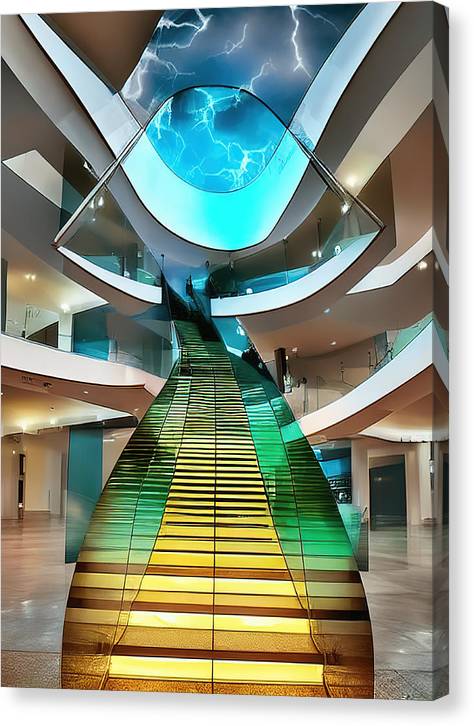 a colorful stair case and a mirror on a wall of glass