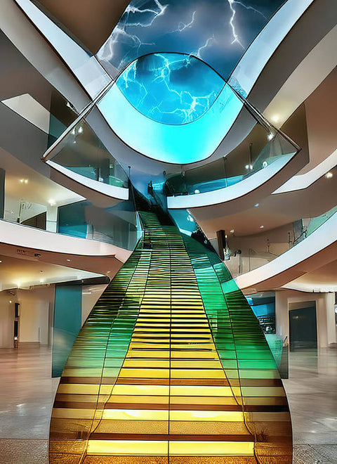 A number of stairs leading up to a building with a glass display floor