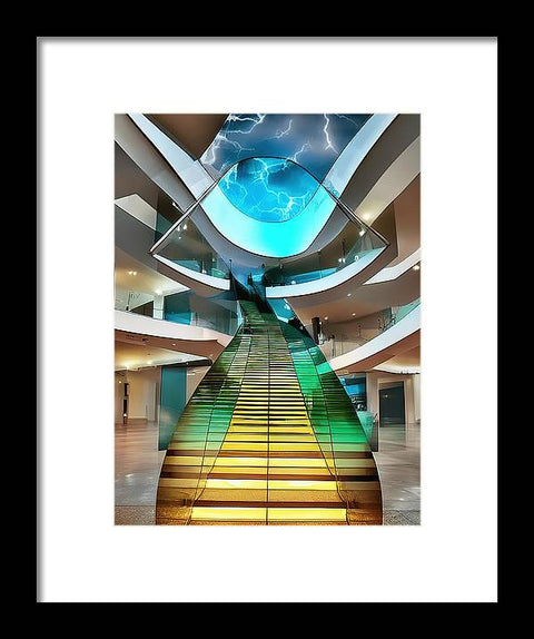 a stairway in the air with an art print and a reflection of a rainbow below