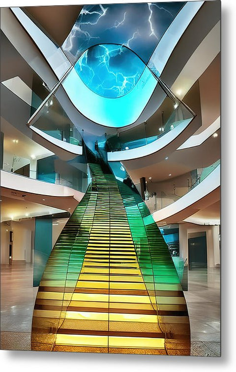 An entranceway with a glass stairway leading to a building filled with tall ceilings and