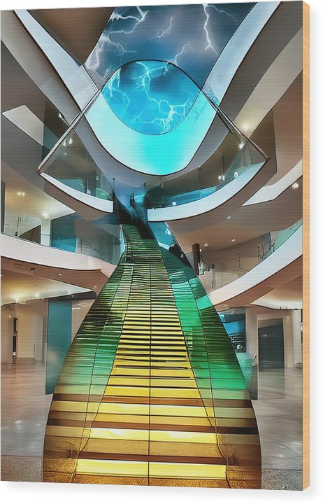 A pedestrian running down a marble staircase that is illuminated by colorful glass